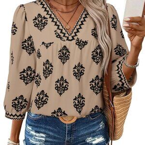 Women's Casual V Neck Floral Print Chiffon Blouses - Khaki, X-Large